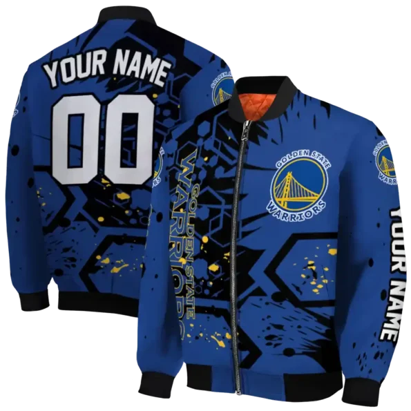 personalized golden state warriors hexagon cluster blue black bomber jacket fashion forward