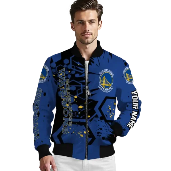 personalized golden state warriors hexagon cluster blue black bomber jacket high quality