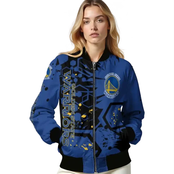 personalized golden state warriors hexagon cluster blue black bomber jacket latest model