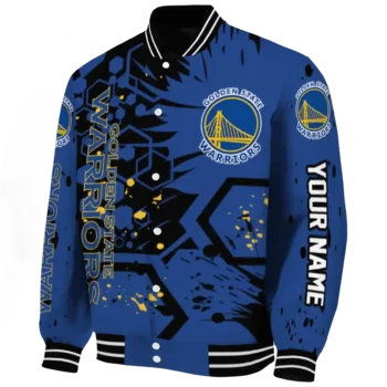 personalized golden state warriors hexagon cluster blue black varsity jacket best selling.webp