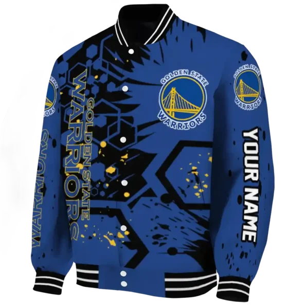 personalized golden state warriors hexagon cluster blue black varsity jacket best selling.webp