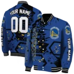 personalized golden state warriors hexagon cluster blue black varsity jacket best selling.webp