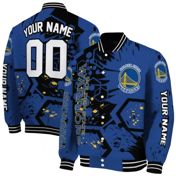 personalized golden state warriors hexagon cluster blue black varsity jacket fashion forward.webp