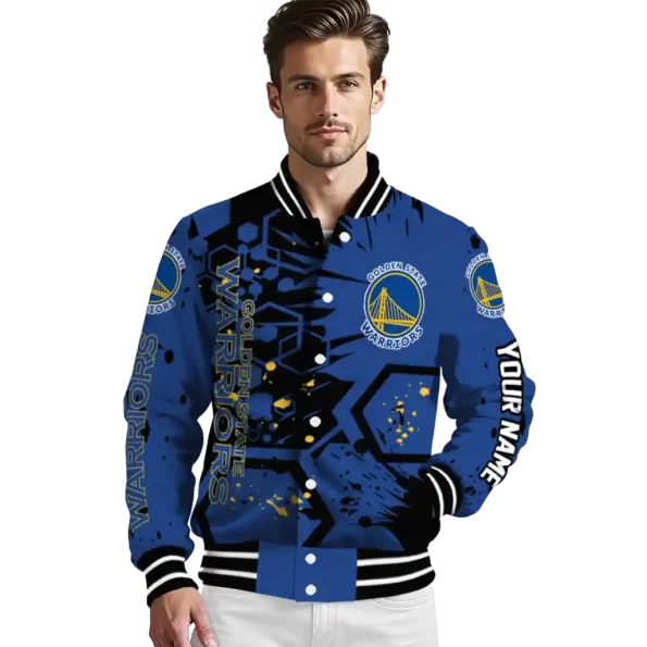 personalized golden state warriors hexagon cluster blue black varsity jacket high quality.webp