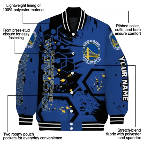 personalized golden state warriors hexagon cluster blue black varsity jacket new arrival.webp