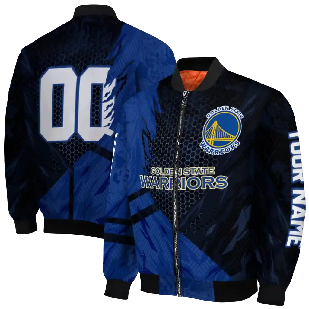 personalized golden state warriors hexagon mesh blue black bomber jacket fashion forward personalized golden state warriors hexagon mesh blue black bomber jacket fashion forward