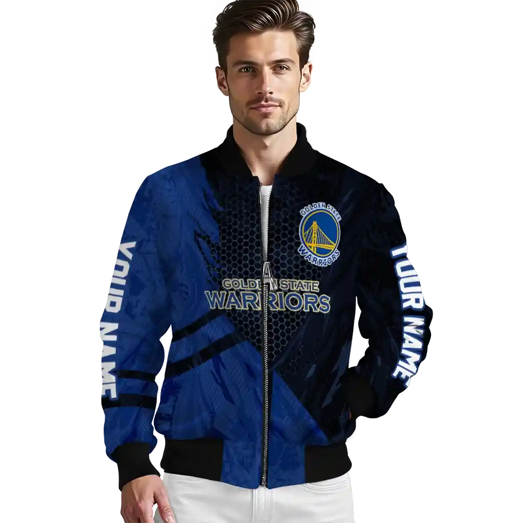 personalized golden state warriors hexagon mesh blue black bomber jacket high quality personalized golden state warriors hexagon mesh blue black bomber jacket high quality