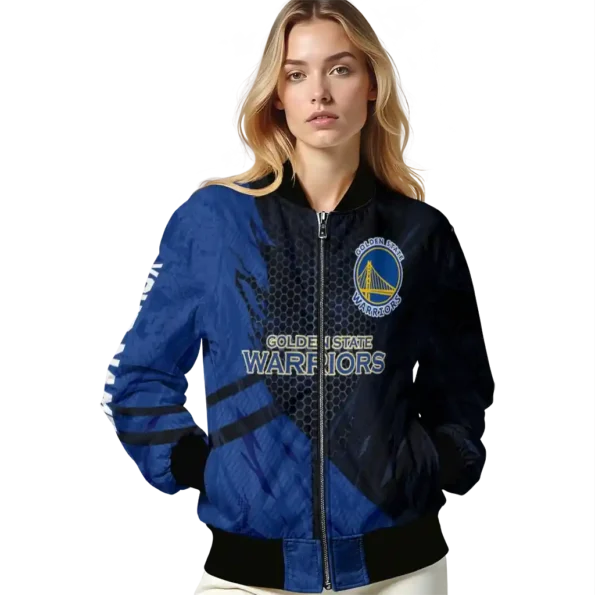 personalized golden state warriors hexagon mesh blue black bomber jacket latest model