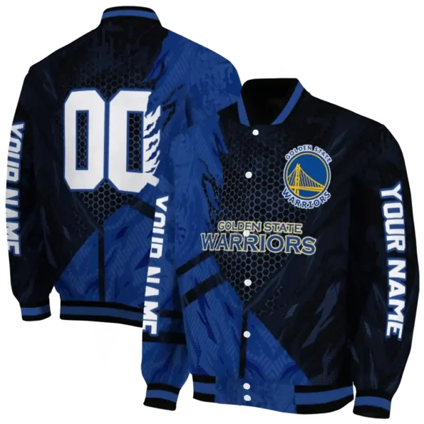 personalized golden state warriors hexagon mesh blue black varsity jacket fashion forward.webp