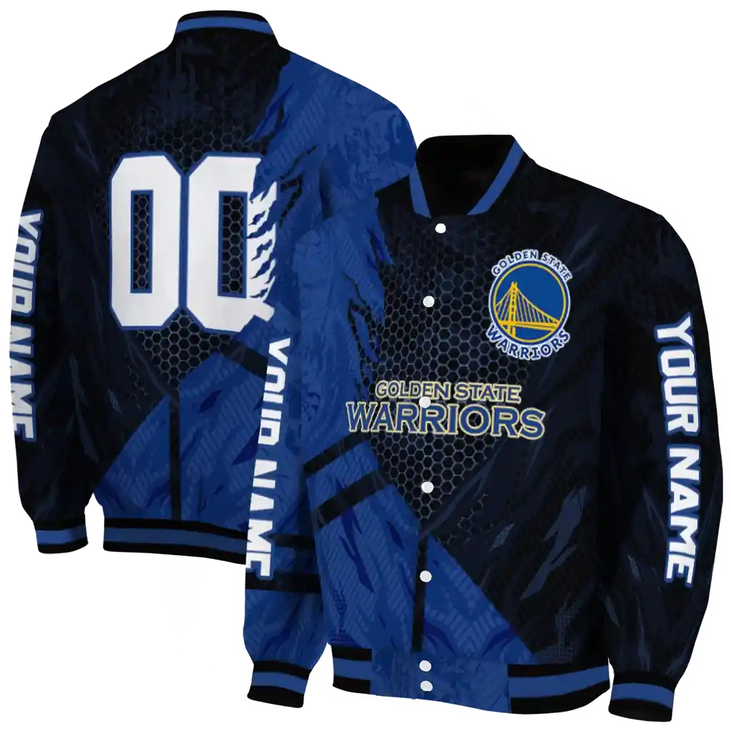 personalized golden state warriors hexagon mesh blue black varsity jacket fashion forward.webp personalized golden state warriors hexagon mesh blue black varsity jacket fashion forward.webp