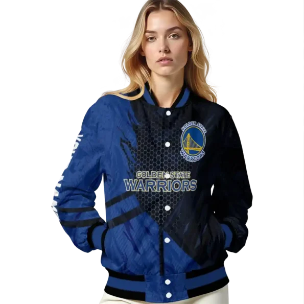 personalized golden state warriors hexagon mesh blue black varsity jacket latest model.webp
