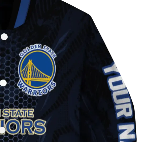 personalized golden state warriors hexagon mesh blue black varsity jacket premium grade.webp