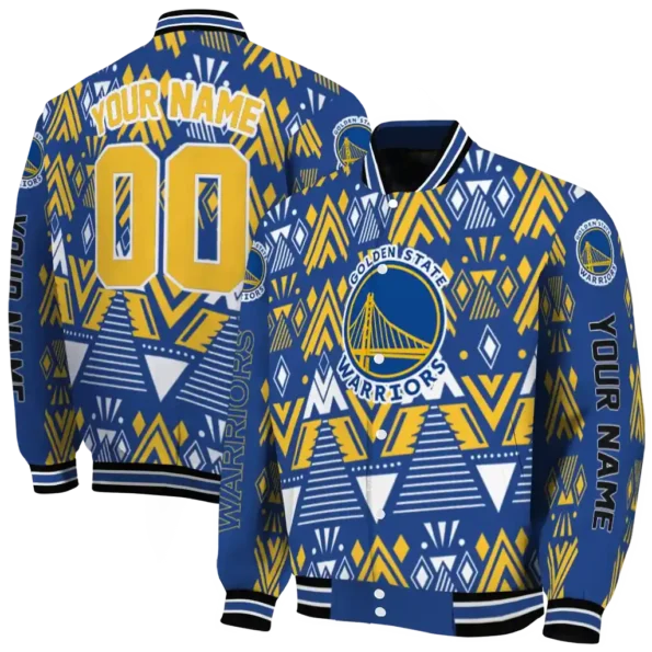 personalized golden state warriors pyramid shapes blue varsity jacket fashion forward.webp