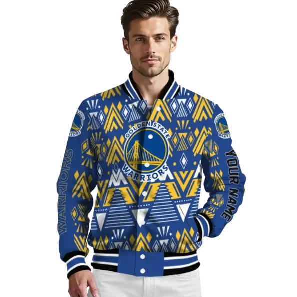 personalized golden state warriors pyramid shapes blue varsity jacket high quality.webp
