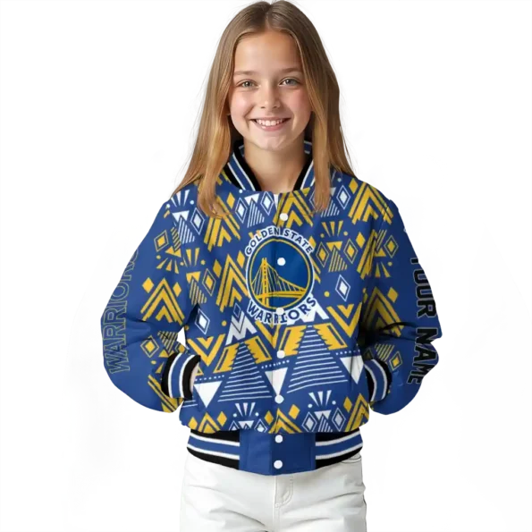 personalized golden state warriors pyramid shapes blue varsity jacket top rated.webp