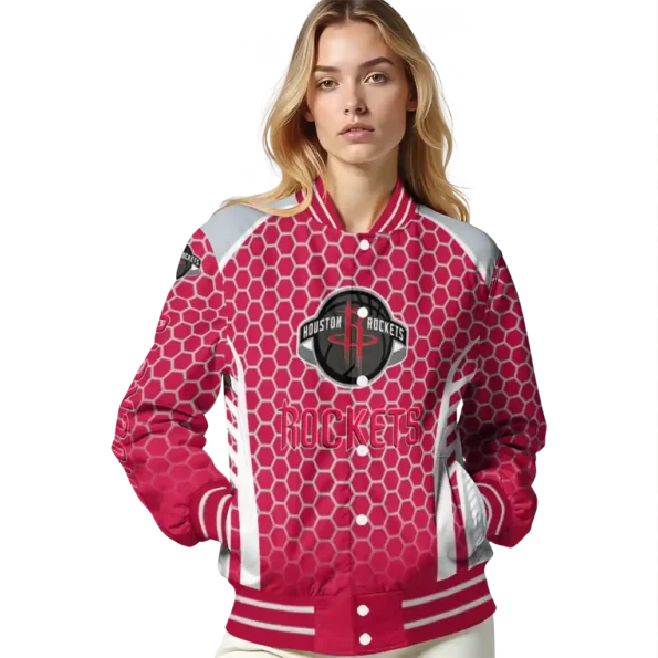 personalized houston rockets hexagon grid red varsity jacket latest model.webp