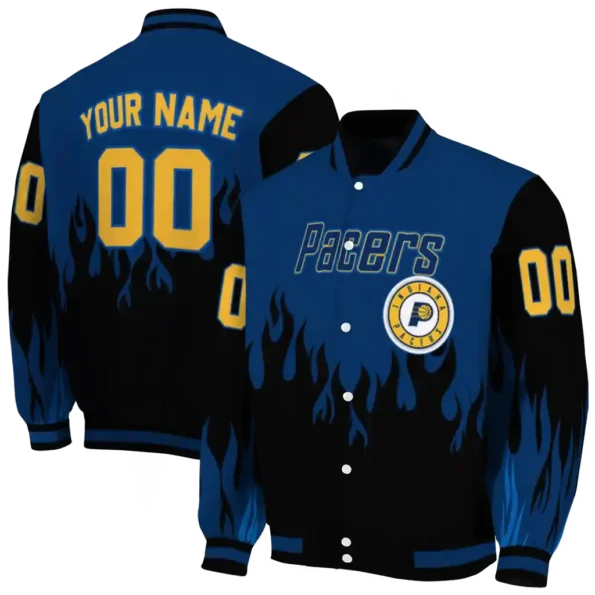 personalized indiana pacers flame border blue black varsity jacket fashion forward.webp