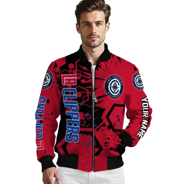 personalized los angeles clippers hexagon cluster red black bomber jacket high quality