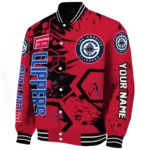 personalized los angeles clippers hexagon cluster red black varsity jacket best selling.webp