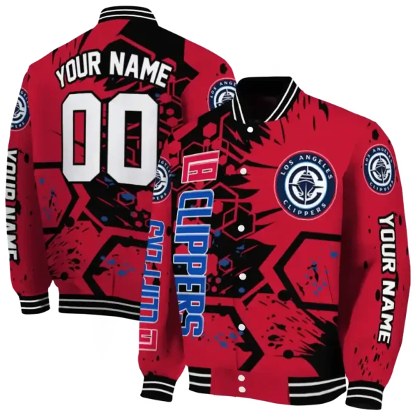 personalized los angeles clippers hexagon cluster red black varsity jacket fashion forward.webp