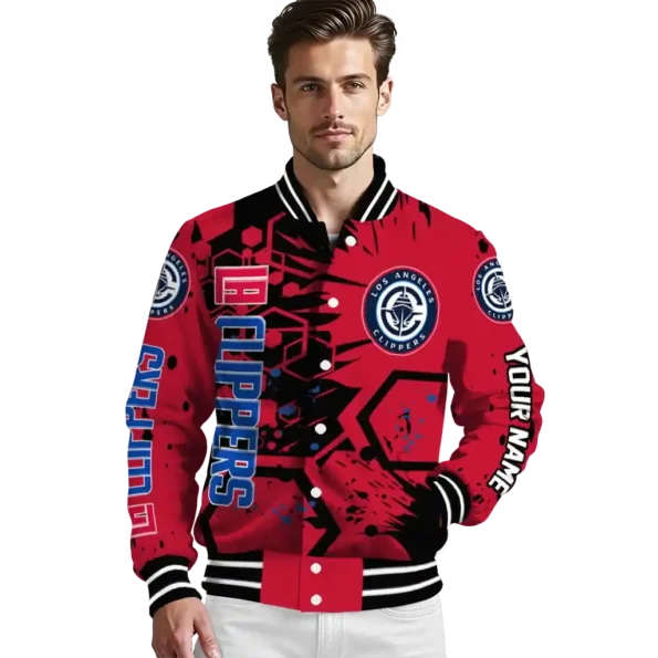 personalized los angeles clippers hexagon cluster red black varsity jacket high quality.webp
