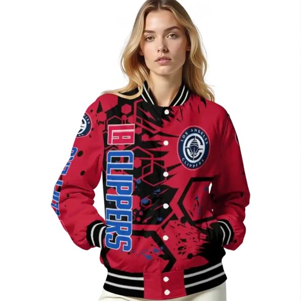 personalized los angeles clippers hexagon cluster red black varsity jacket latest model.webp