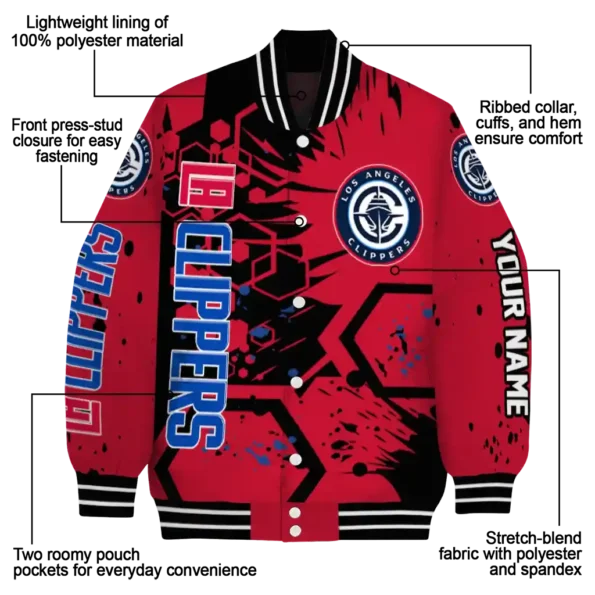 personalized los angeles clippers hexagon cluster red black varsity jacket new arrival.webp