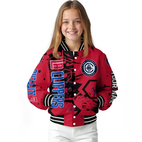 personalized los angeles clippers hexagon cluster red black varsity jacket top rated.webp