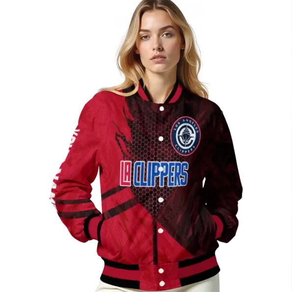 personalized los angeles clippers hexagon mesh red black varsity jacket latest model.webp