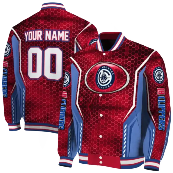 personalized los angeles clippers power plate red varsity jacket fashion forward.webp