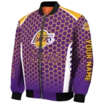 personalized los angeles lakers hexagon grid purple bomber jacket best selling