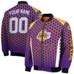 personalized los angeles lakers hexagon grid purple bomber jacket best selling