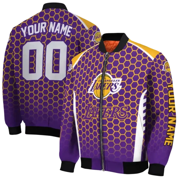 personalized los angeles lakers hexagon grid purple bomber jacket fashion forward