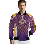personalized los angeles lakers hexagon grid purple bomber jacket best selling