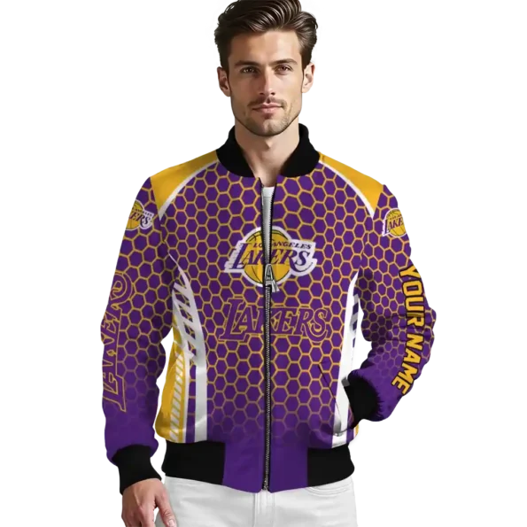 personalized los angeles lakers hexagon grid purple bomber jacket high quality
