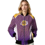 personalized los angeles lakers hexagon grid purple bomber jacket best selling