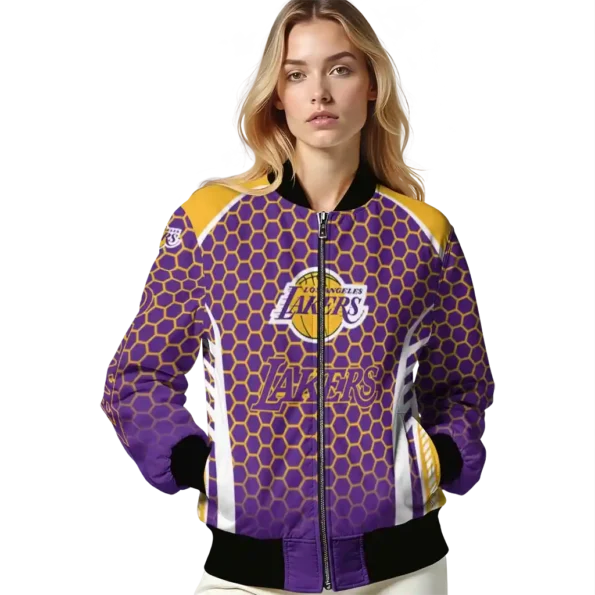 personalized los angeles lakers hexagon grid purple bomber jacket latest model