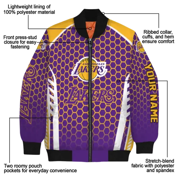 personalized los angeles lakers hexagon grid purple bomber jacket new arrival