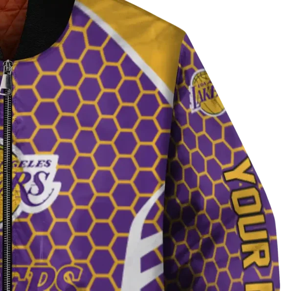 personalized los angeles lakers hexagon grid purple bomber jacket premium grade