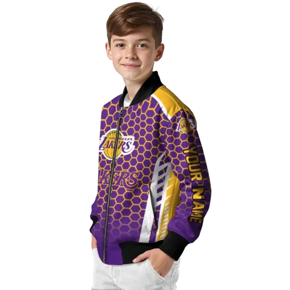 personalized los angeles lakers hexagon grid purple bomber jacket trendy