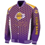 personalized los angeles lakers hexagon grid purple varsity jacket best selling.webp