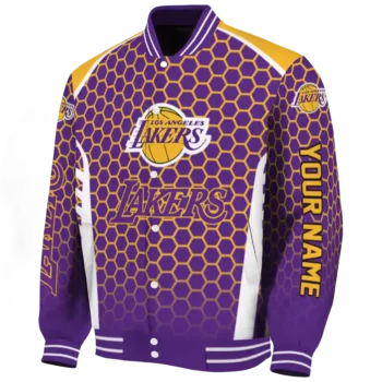 personalized los angeles lakers hexagon grid purple varsity jacket best selling.webp