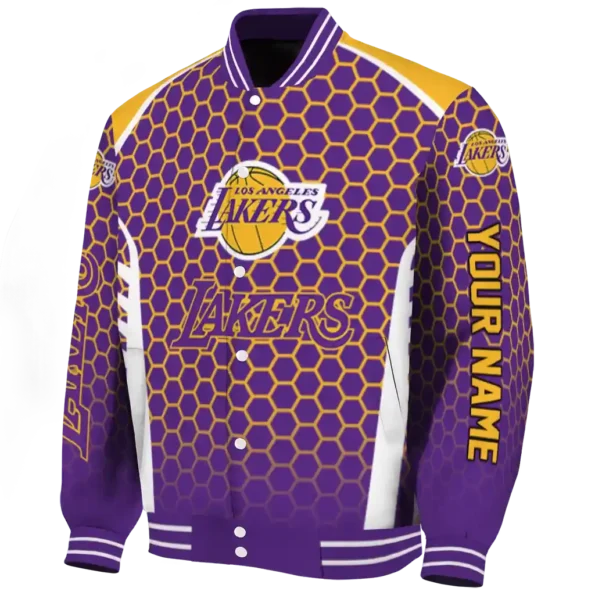 personalized los angeles lakers hexagon grid purple varsity jacket best selling.webp