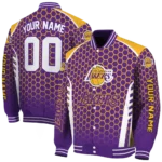 personalized los angeles lakers hexagon grid purple varsity jacket best selling.webp