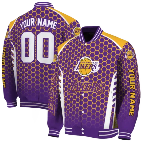 personalized los angeles lakers hexagon grid purple varsity jacket fashion forward.webp
