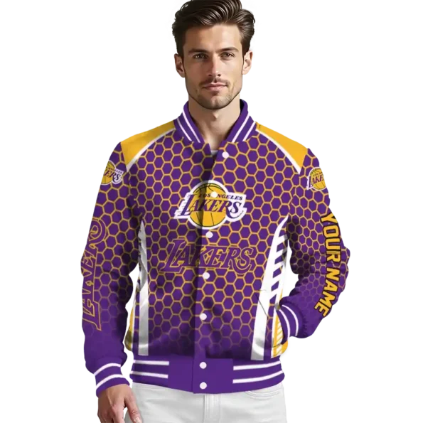 personalized los angeles lakers hexagon grid purple varsity jacket high quality.webp