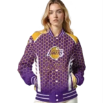 personalized los angeles lakers hexagon grid purple varsity jacket best selling.webp