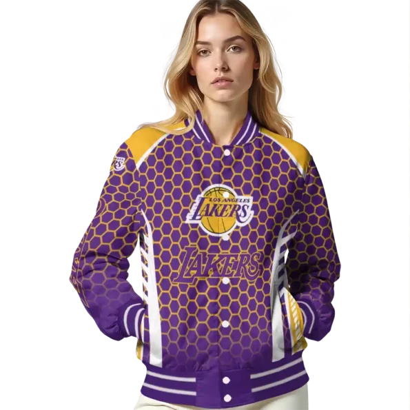 personalized los angeles lakers hexagon grid purple varsity jacket latest model.webp