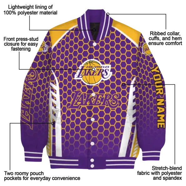 personalized los angeles lakers hexagon grid purple varsity jacket new arrival.webp