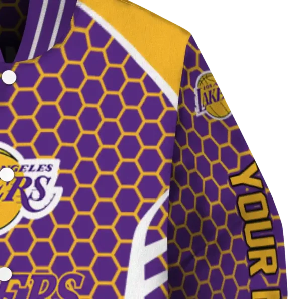 personalized los angeles lakers hexagon grid purple varsity jacket premium grade.webp